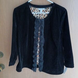 Black Velvet Cardigan with Floral Trim